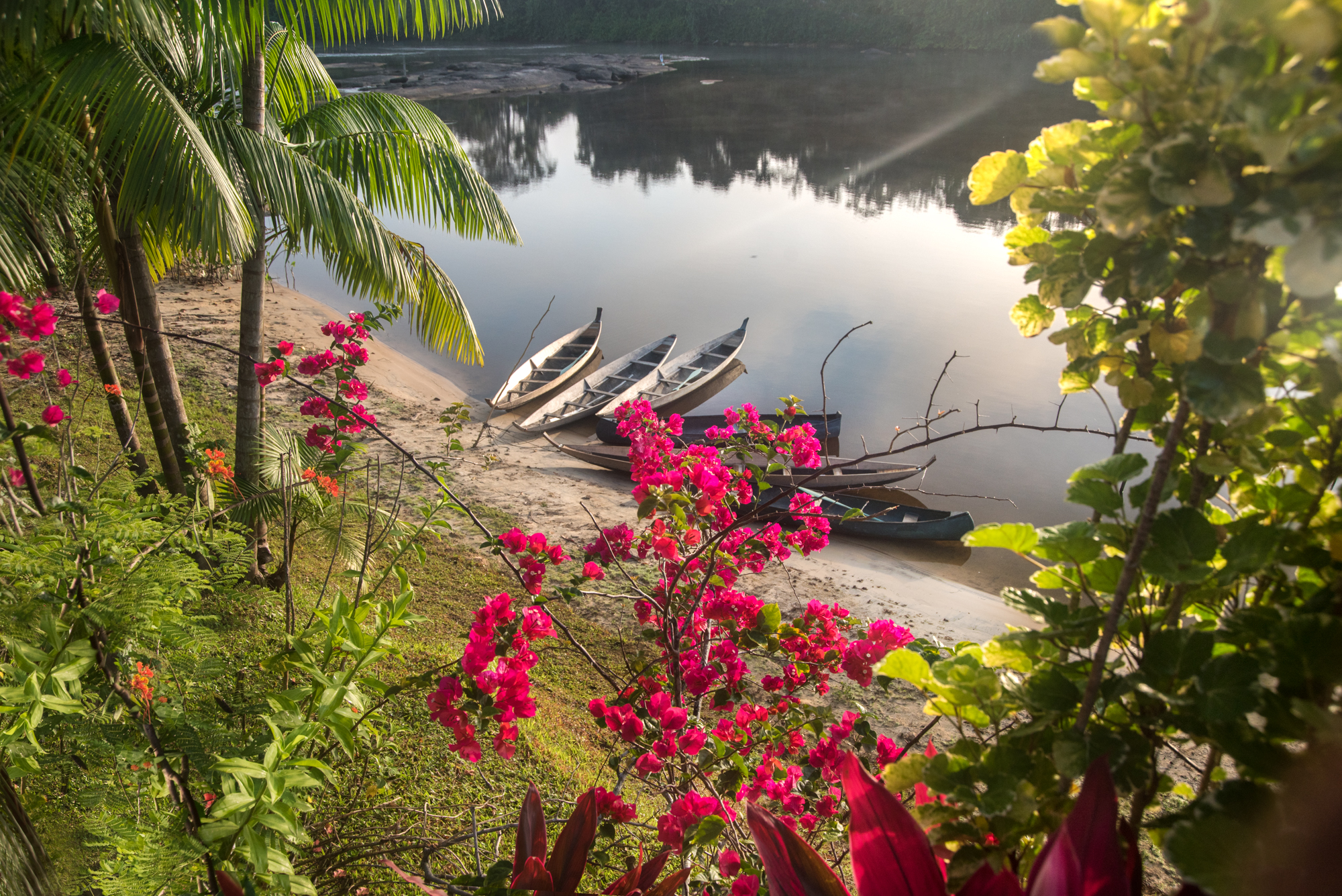 Accommodatie Suriname, Danpaati, balkon uitzicht rivier, kano's
