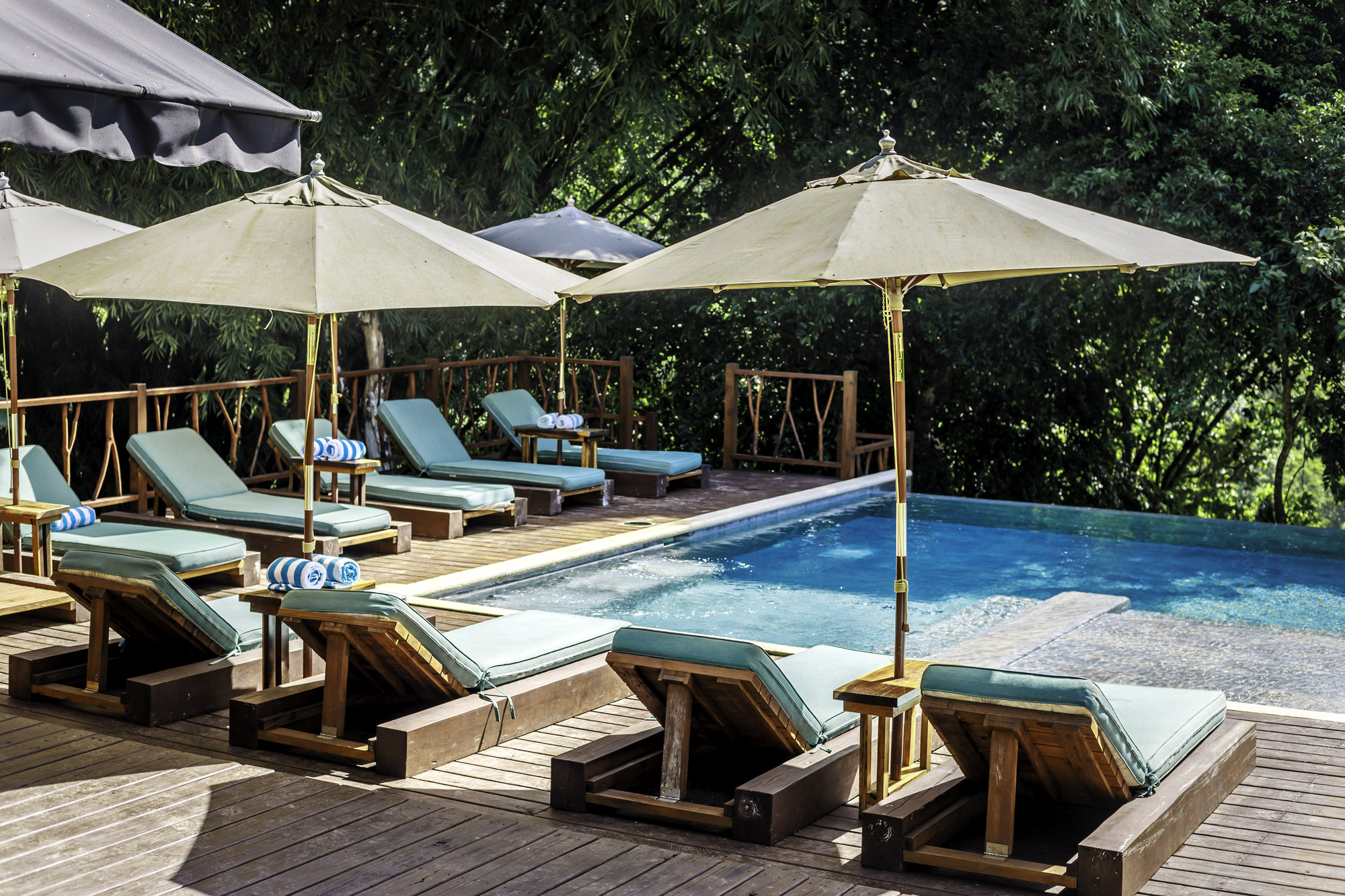 Sweet Songs Jungle Lodge Belize, accommodatie natuur zwembad met ligbedden in jungle