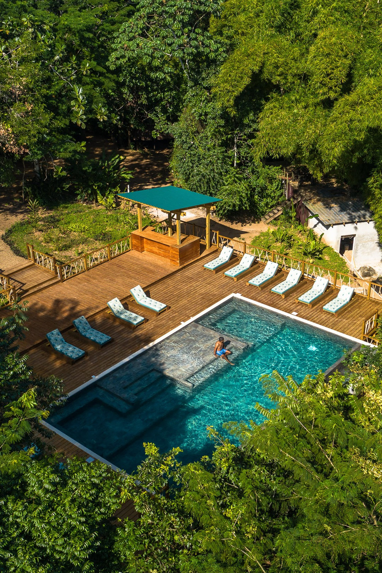 Sweet Songs Jungle Lodge Belize, accommodatie natuur zwembad met ligbedden in jungle